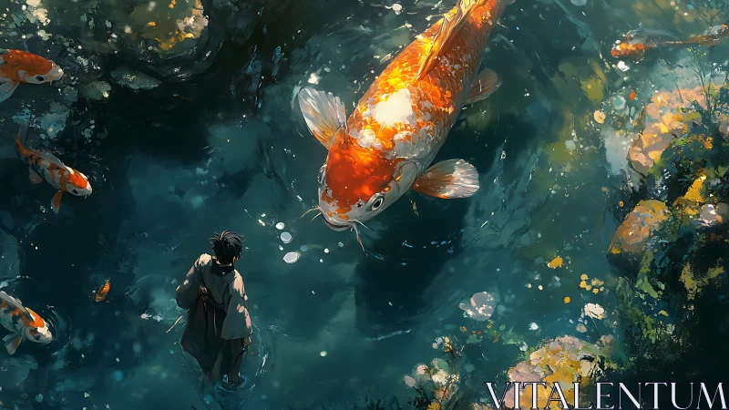 Giant koi drifts above a lone wanderer in luminous waters.
