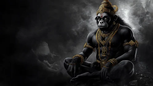 Stormlit simian deity rests in jewel-bright cosmic calm