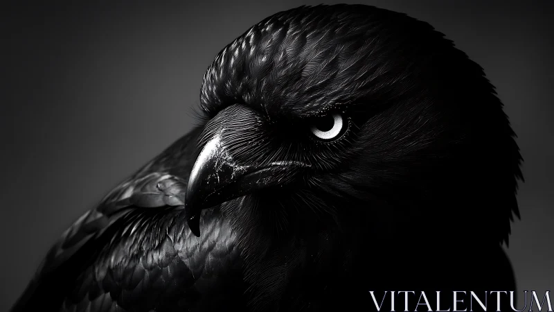 Dramatic black raven close-up in dark moody lighting, fine art style.