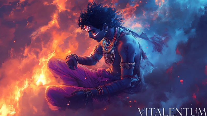 Ember crowned mystic meditates between warring blue clouds