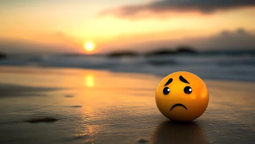 Melancholy emoji marooned on a honeyed sunset shoreline.