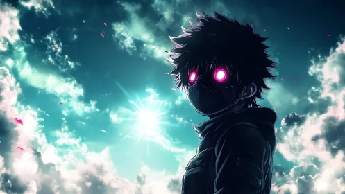 Masked neon-eyed wanderer under blazing cyan sky.