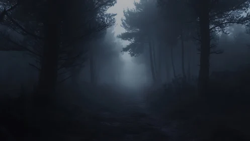 Low-key nocturnal forest corridor rendered in dense blue fog