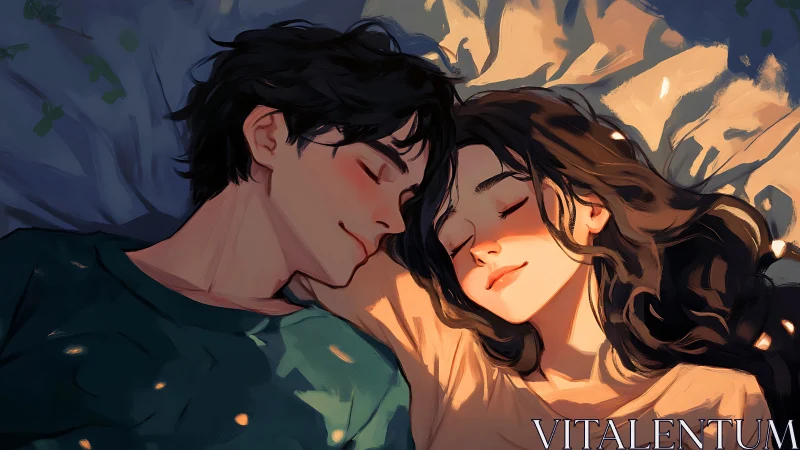 Two figures in intimate moment under golden light.