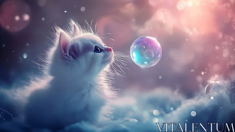 Fluffy White Kitten Mesmerized by an Iridescent Bubble