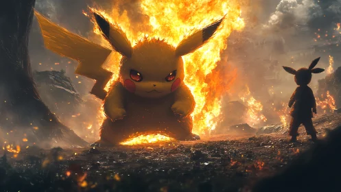 Electrified creature confronts trainer amid cinematic wildfire.
