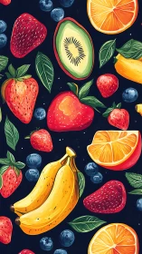 Bright fruit medley dances across a dark cozy backdrop