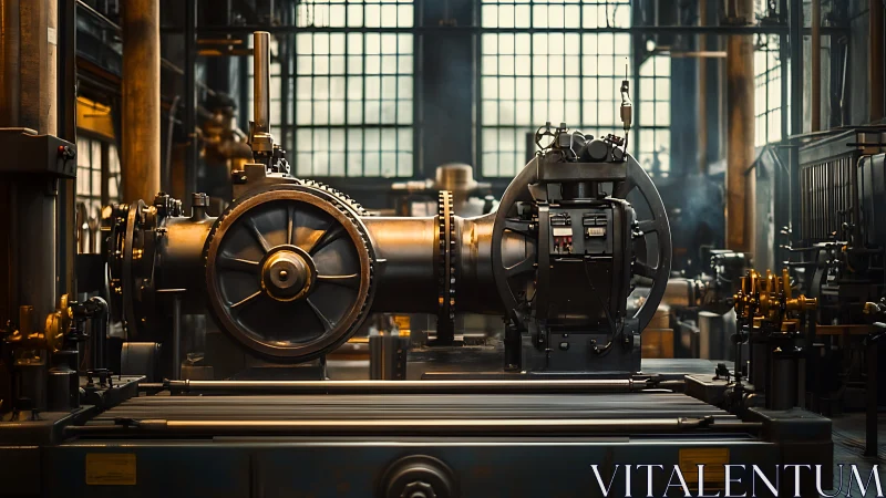 Industrial steam engine in warm lit vintage workshop interior.