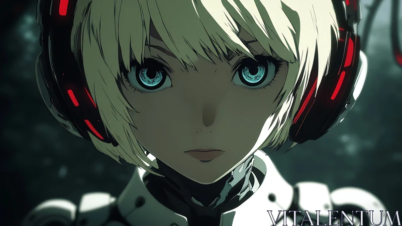 Calm cyber girl with glowing eyes and sleek red headset.