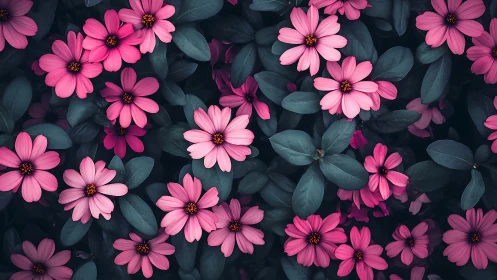 Pink cosmos flowers bloom against deep teal foliage. Contrast.