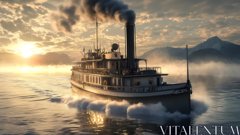 Golden-hour steamship glides calmly through misty mountain lake