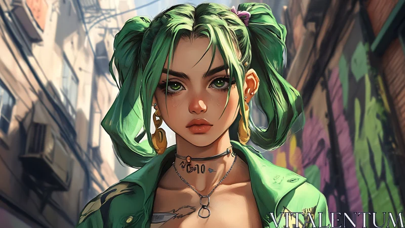 Neon girl with jade twin tails owns the painted backstreet.