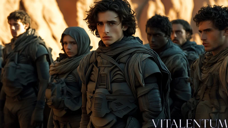 Desert-clad voyagers steady their gaze against simmering dunes