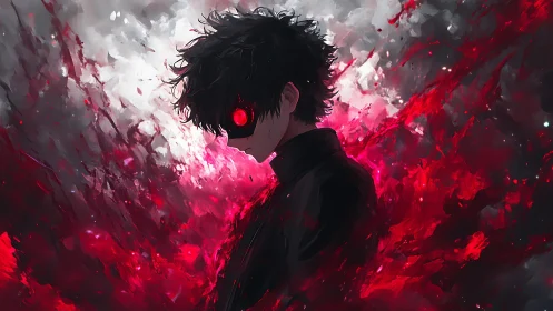 Side-lit anime figure with glowing red eye amid turbulent energy field