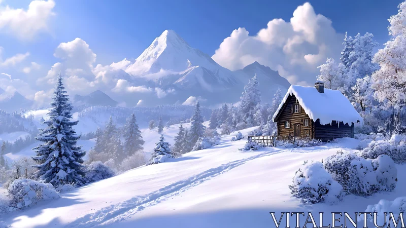 Snow-laden alpine cabin beneath stratified cirrus-cumulus massif.