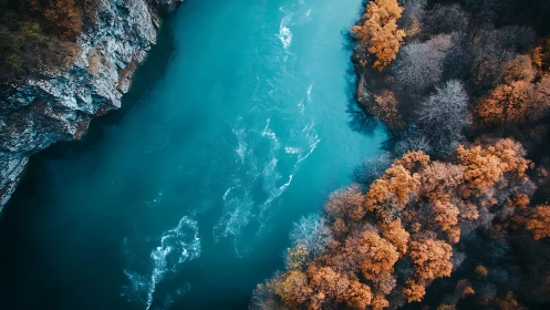 Autumn trees and rocky river gorge seen from above.