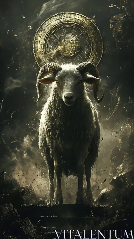 Majestic horned ram steps forward beneath a glowing halo