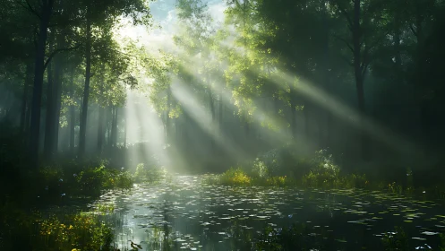 Digital painting of sunlit forest pond with volumetric rays.