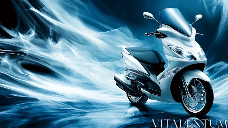 White modern scooter against blue abstract motion background.