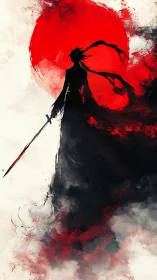 Silhouetted swordsman stands before a red sun in abstract motion