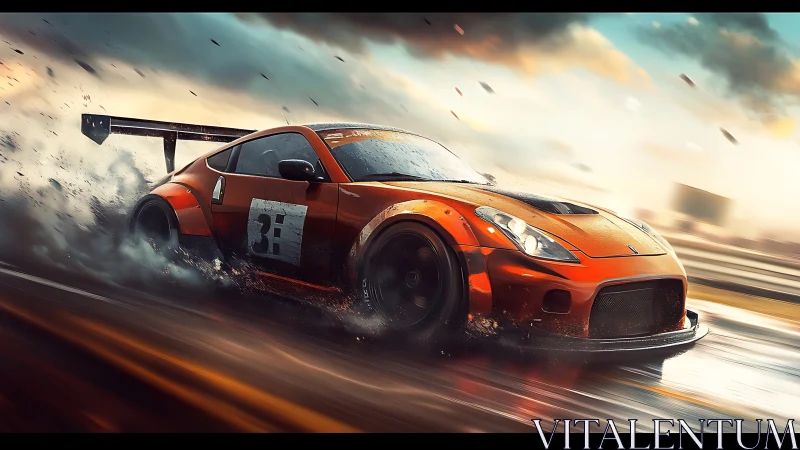 Lightning-fast orange race car slicing through wet track.