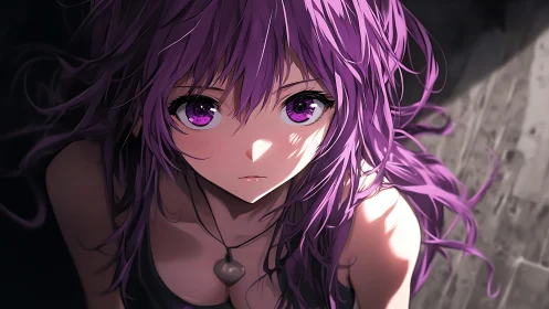 Violet-haired anime girl in high-contrast directional lighting.