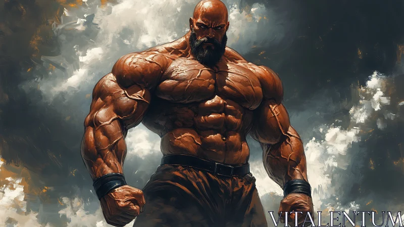 Digital painting of hyper-muscular warrior in storm-lit stance.