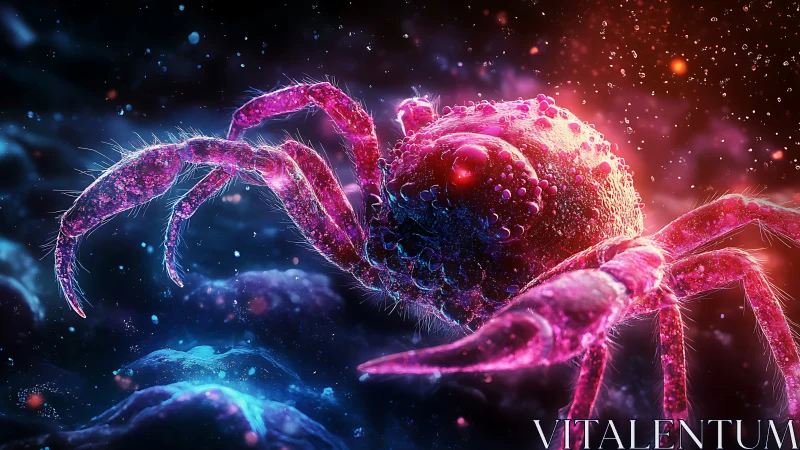 Bioluminescent alien crab floats through cosmic seawater