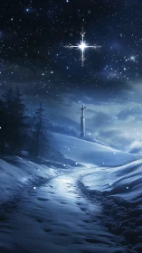 Starlit winter path gently leads toward a distant cross
