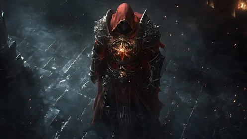 Hooded warlock commands infernal energy on obsidian floor.