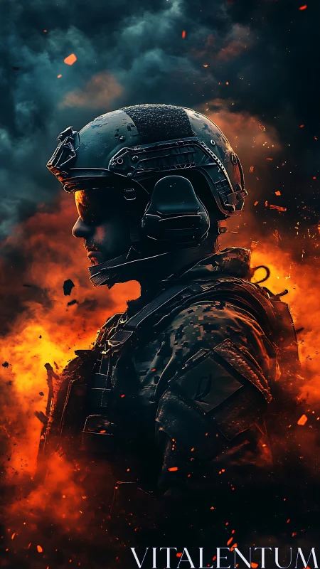 Digital painting profile of tactical soldier in inferno haze.
