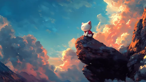 Cartoon cat figurine on cliff ledge under dramatic sunset sky