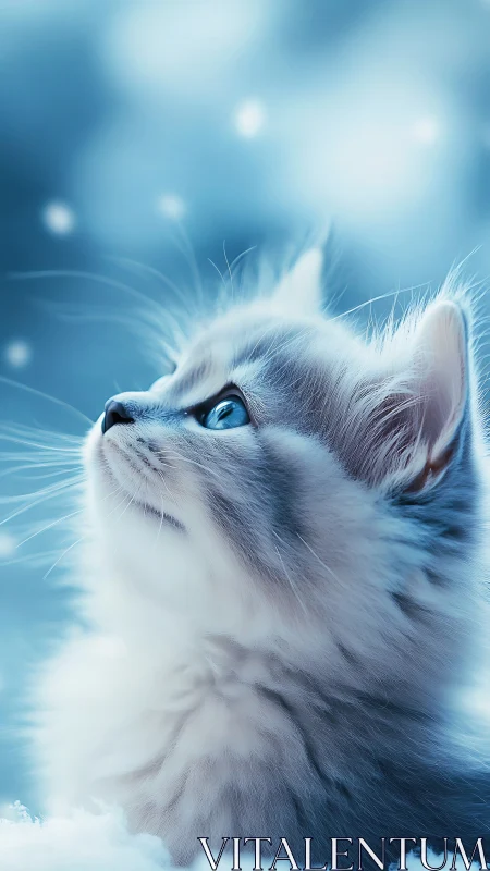 Ethereal White Cat with Piercing Blue Eyes Against Dreamy Sky.