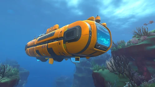 Bright orange sci fi submarine explores stylized reef canyon.