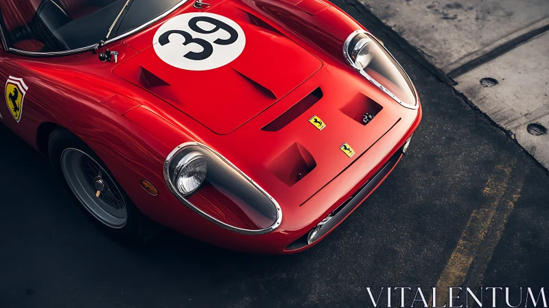 Classic red race car gleams under soft track lighting.