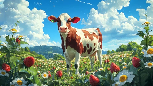 Digital painting of cow in alpine strawberry meadow panorama.