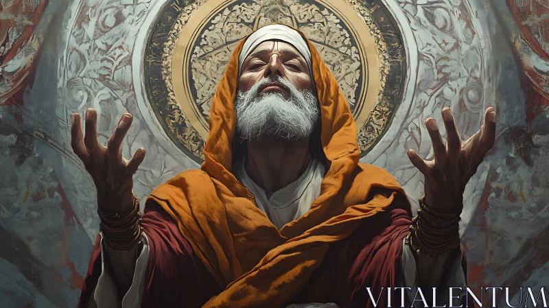 Elder mystic in golden robe invoking light before ornate halo.