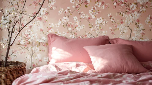 Cozy pink bedroom oasis wrapped in soft cherry blossom charm.