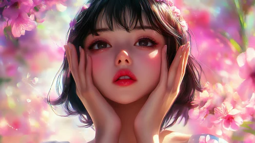 Digital painting portrait amid luminous spring blossoms.