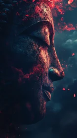 Buddha stone profile with molten ember fragments in stormy dusk.