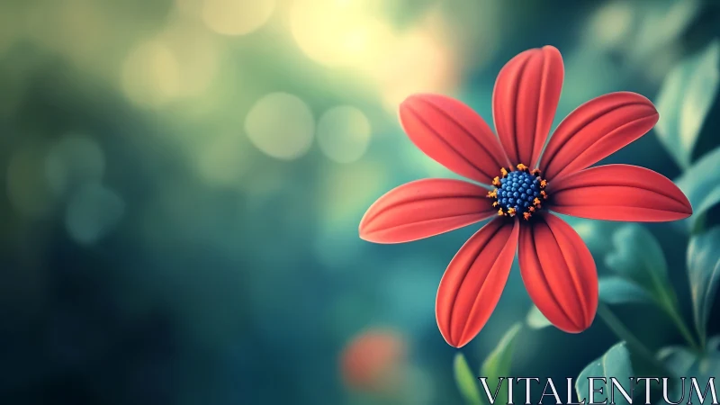 Red Cosmos Flower Blooms Against Soft Teal Bokeh Background.