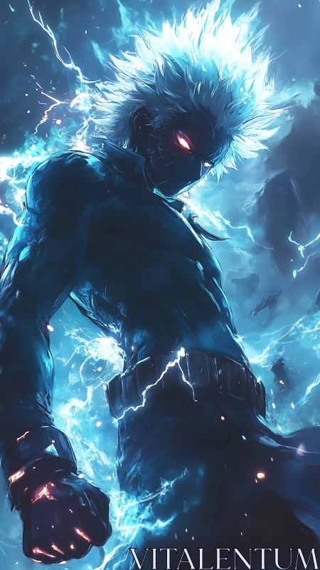 Electrified antihero rendered in dynamic blue digital energy