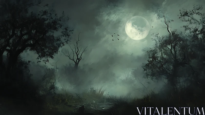 Moon-drenched haunted marsh under whispering shadow trees.