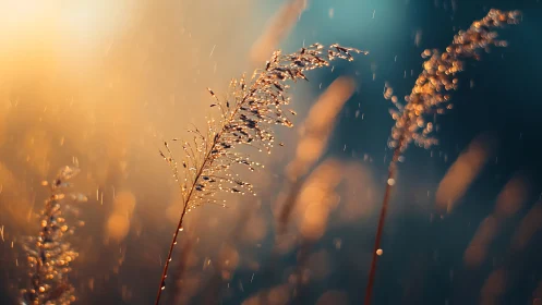 Backlit grass stems with water droplets in shallow focus.