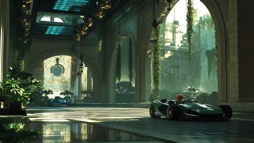 Futuristic race cars glide through sunlit neo-classical arcade
