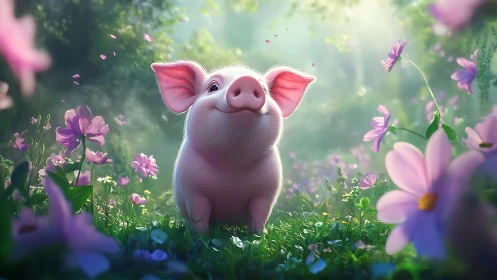 Joyful little piglet basking in soft spring meadow magic.