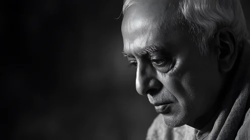 Elderly man portrait in reflective side profile, low key.