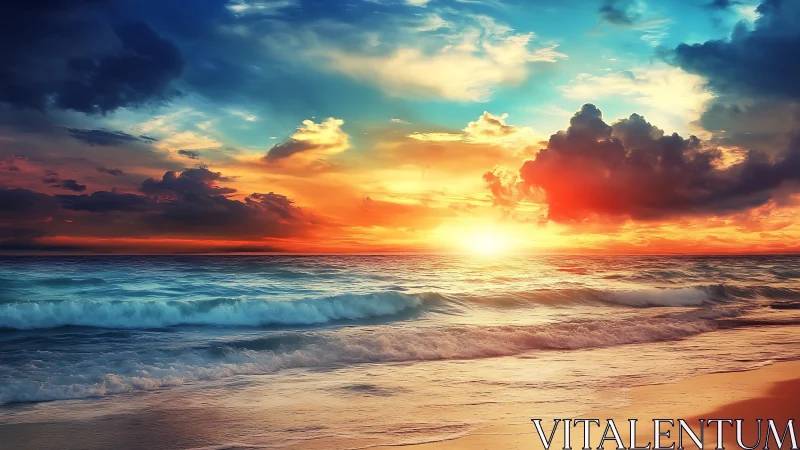 Radiant ocean sunset ignites tranquil waves and glowing sky