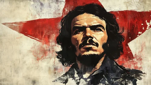 Portrait of long-haired man before distressed red star background