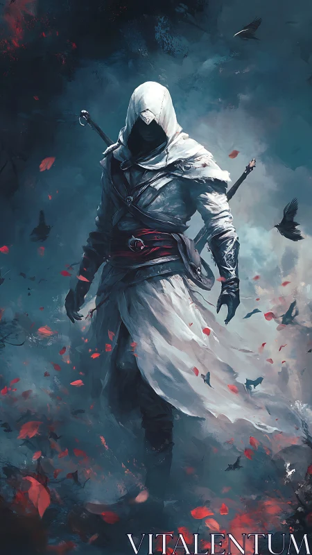 Digital painting of rogue assassin in storm of scarlet leaves.